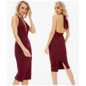 Dress The Population Burgundy Vanessa Halter Body-Con Midi Dress